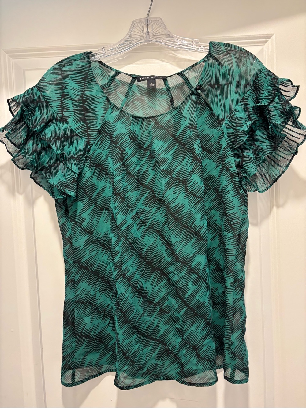 Banana Republic Teal and Black Sheer Ruffle Sleeve Blouse